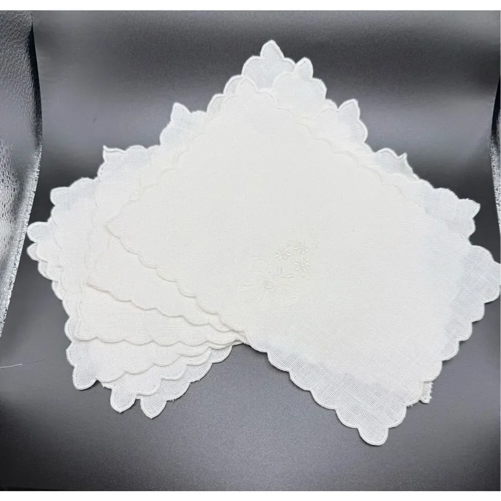 Linen Cocktail Napkins Set of 6 White On White Floral Embroidery 5.5” X 8”